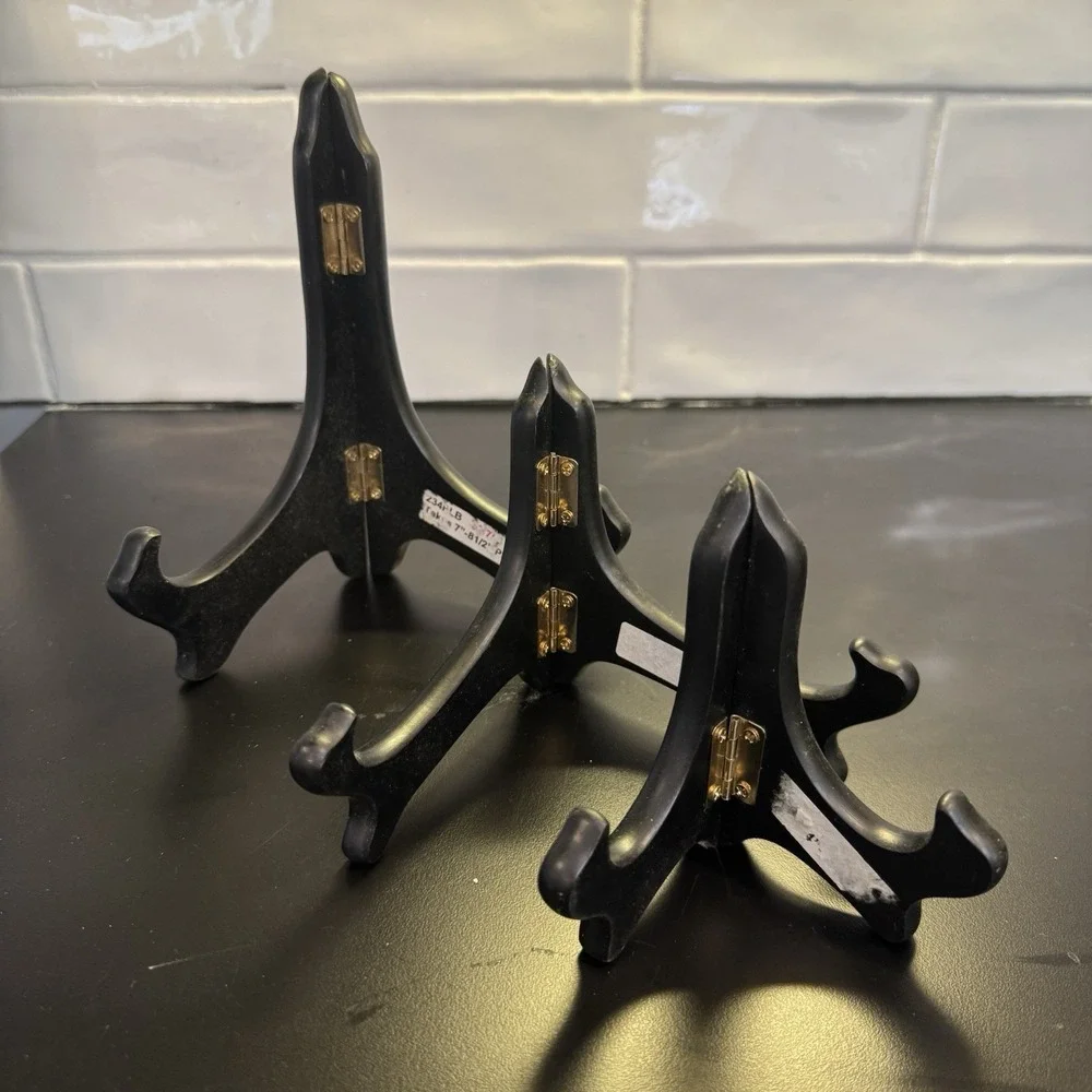 Three Hinged Easel Plate Holders Wooden Folding 7 in & 4 in ‎ #0140